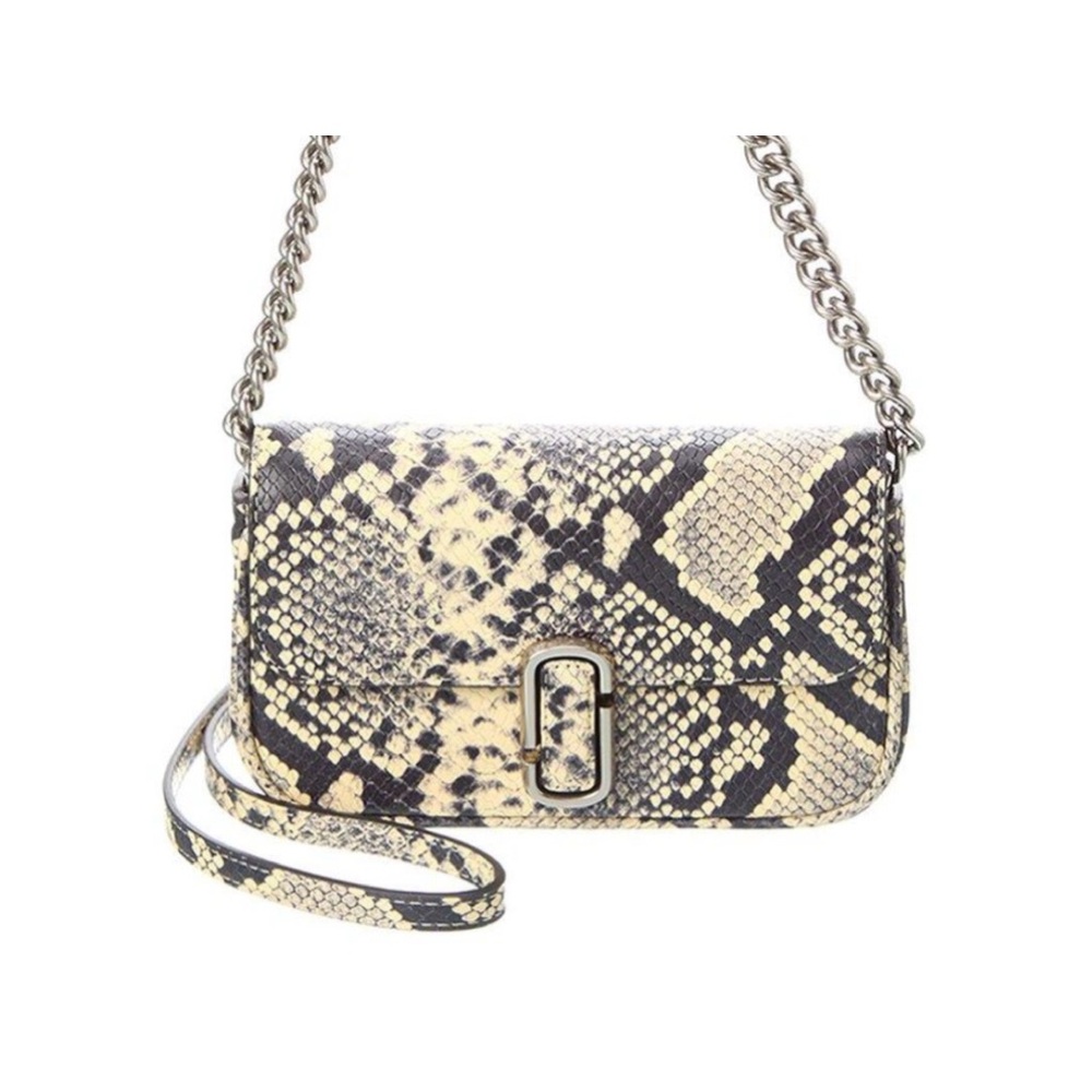 Black and Tan Crossbody Bag with Snakeskin Pattern and Metallic Chain Strap